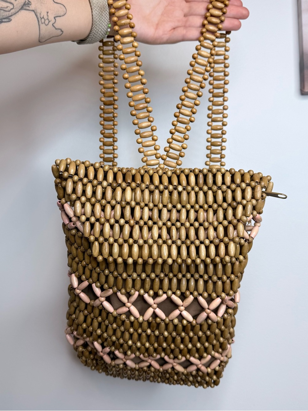 Bijoux Terner Olive and Pink Beaded Tote